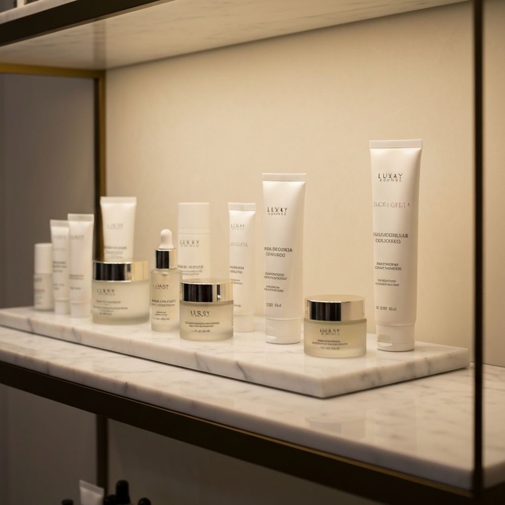 Collezione di prodotti skincare Coheara disposti su ripiano in marmo con illuminazione elegante
